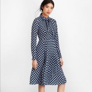 NWT Brooks Brothers flora print silk chiffon shirt dress midi navy blue neck tie